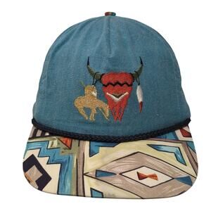 Vintage Bob Massey Slideback Hat Blue Native Northwestern Embroidered Cow Skull